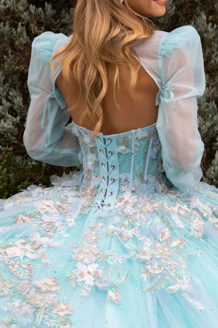 3d flower applique embellished quinceanera train dress with matching bolero GLGL3577-3