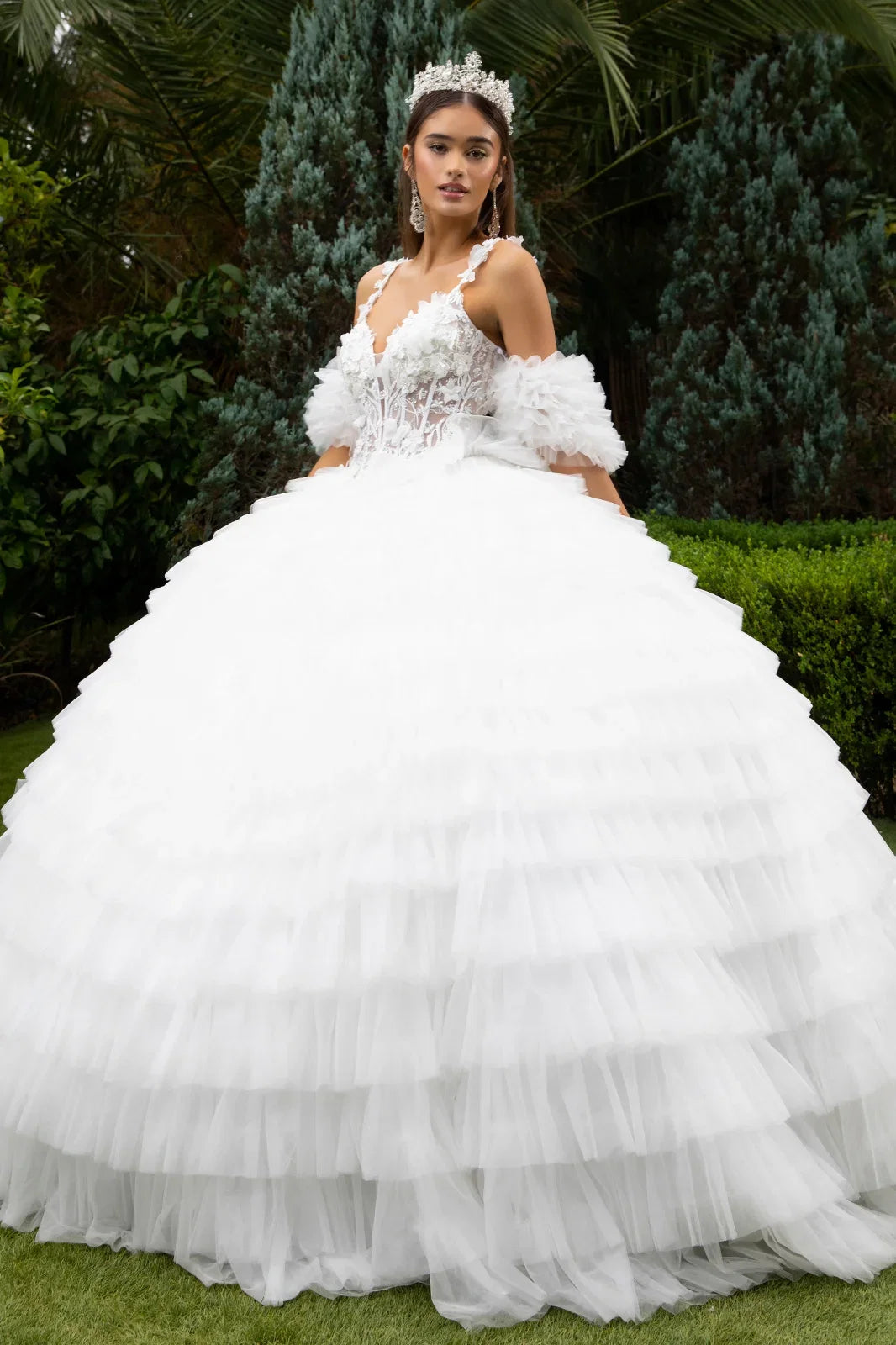3d butterfly flower applique embellished tiered ruffle train cold shoulder w detachable puff sleeve GLGL3610