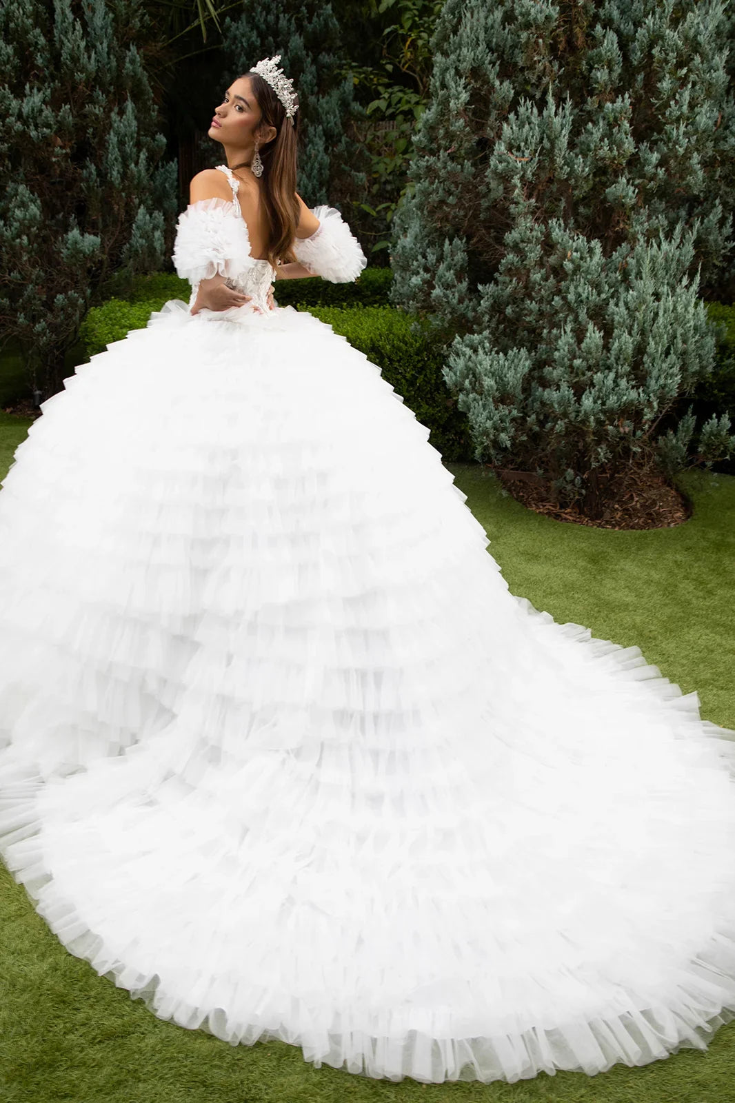 3d butterfly flower applique embellished tiered ruffle train cold shoulder w detachable puff sleeve GLGL3610