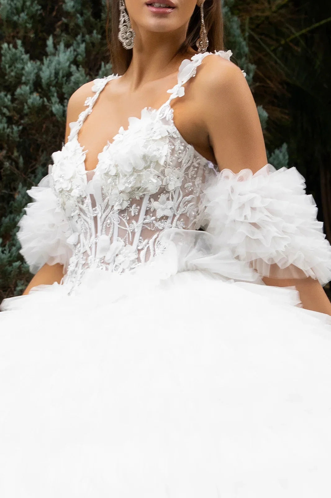3d butterfly flower applique embellished tiered ruffle train cold shoulder w detachable puff sleeve GLGL3610