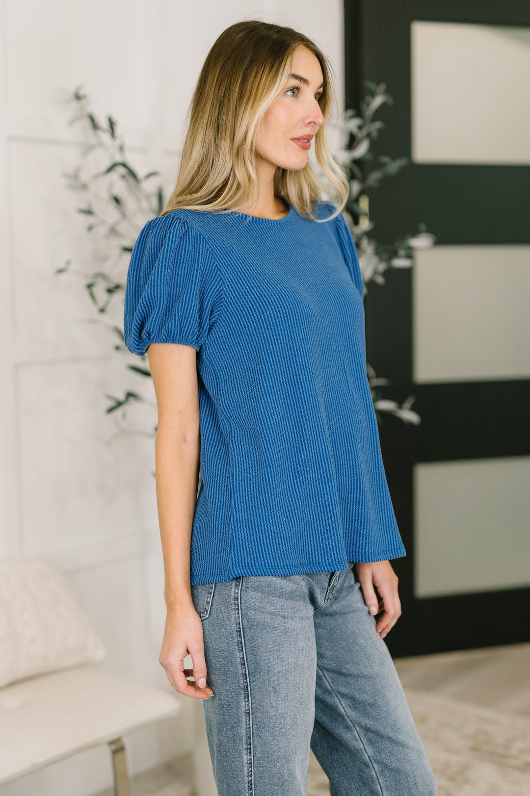 Grace &amp; Virtue Balloon Sleeve Blouse in Ocean Blue