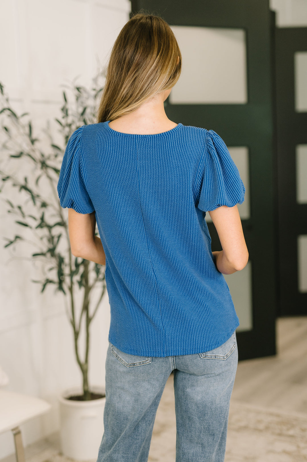 Grace &amp; Virtue Balloon Sleeve Blouse in Ocean Blue