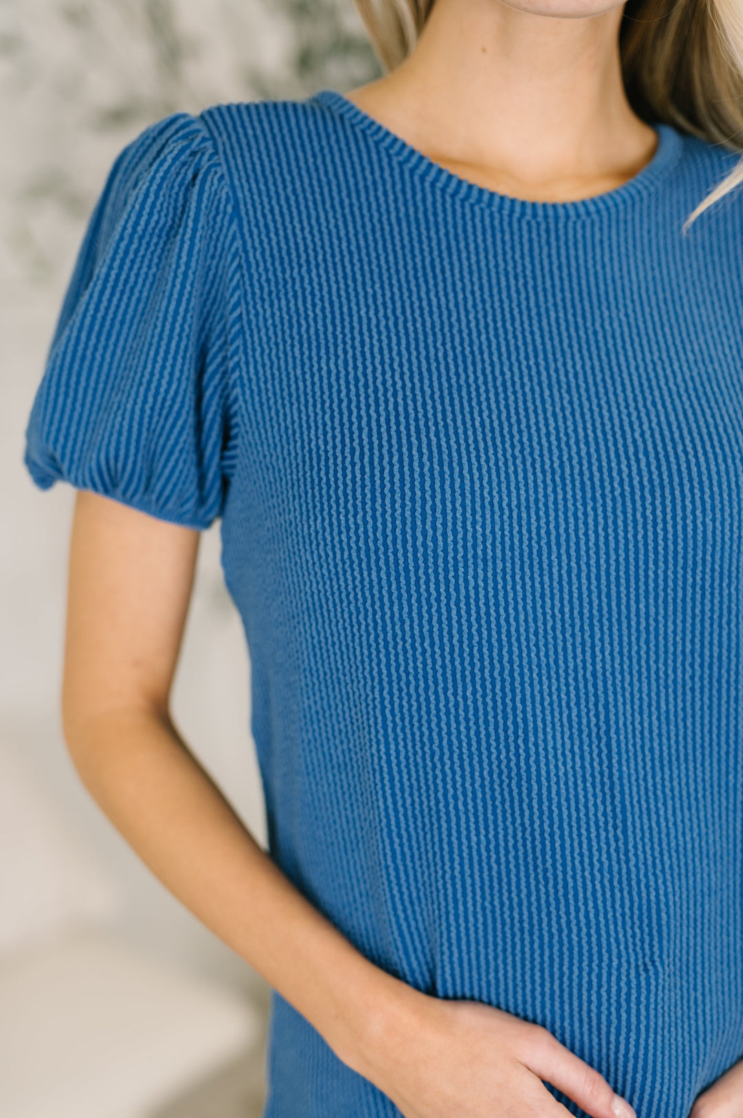 Grace &amp; Virtue Balloon Sleeve Blouse in Ocean Blue