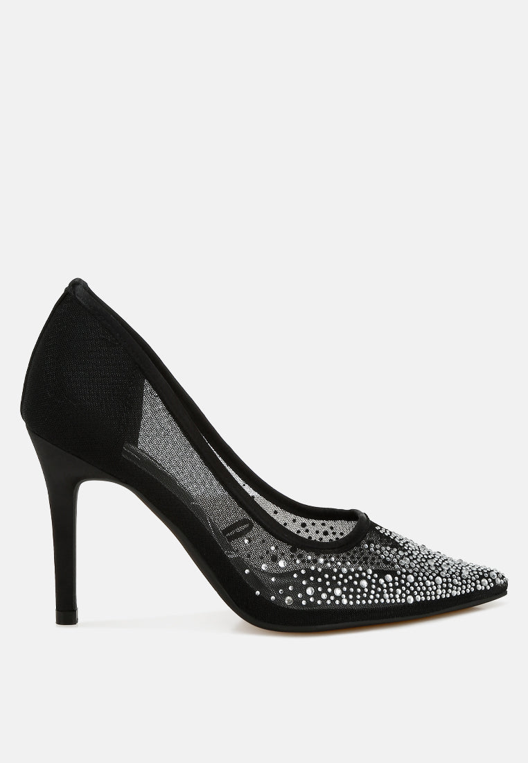 High Ball Mesh Rhinestone Stiletto Pumps-6
