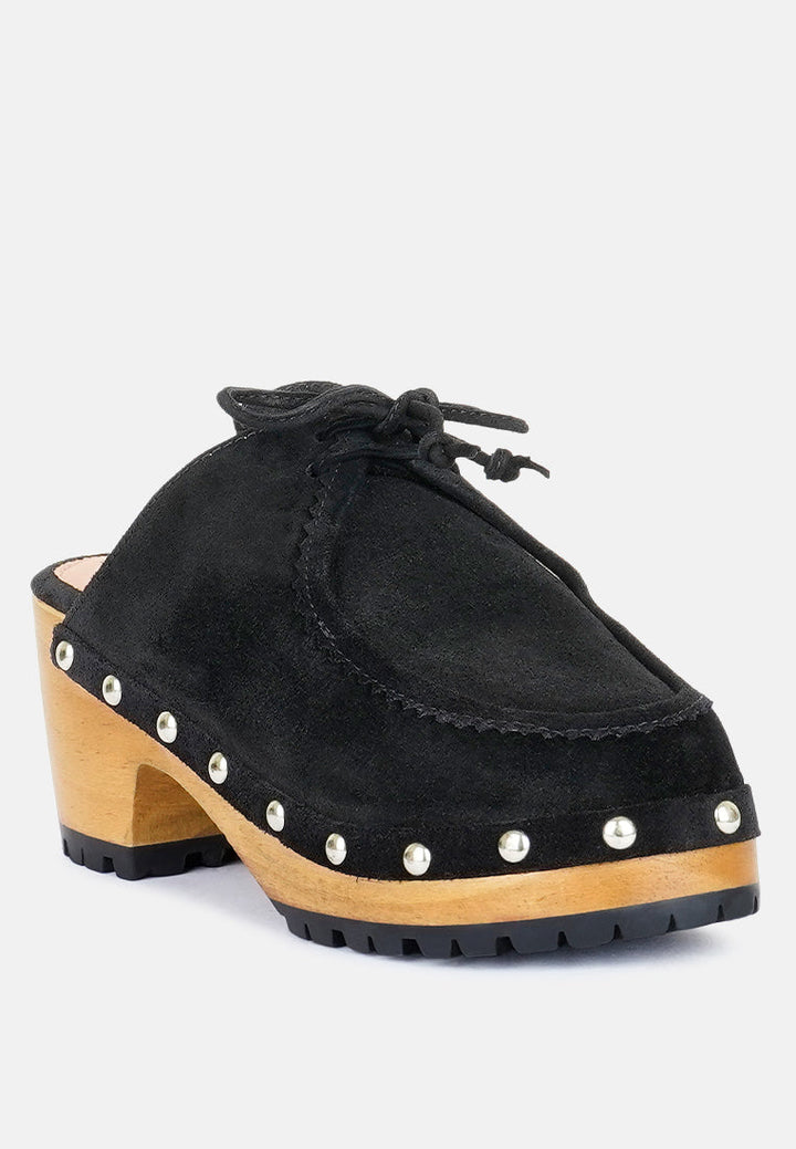 Iroko Suede Tie Detail Stud Clogs-1