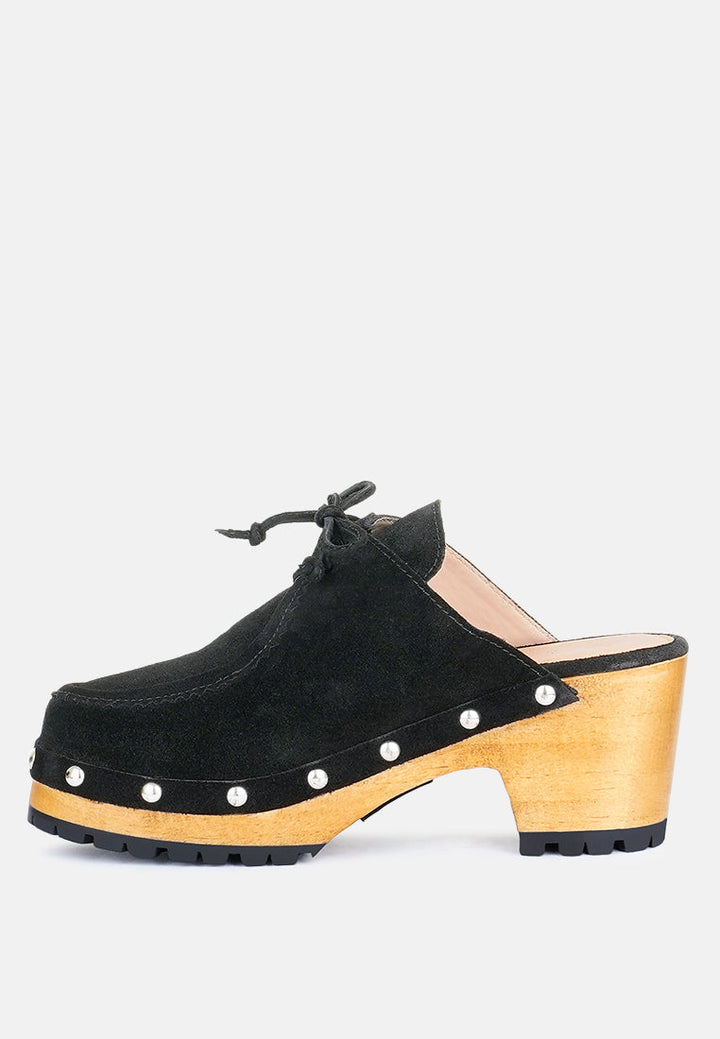 Iroko Suede Tie Detail Stud Clogs-2