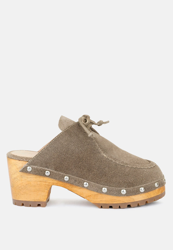 Iroko Suede Tie Detail Stud Clogs-5