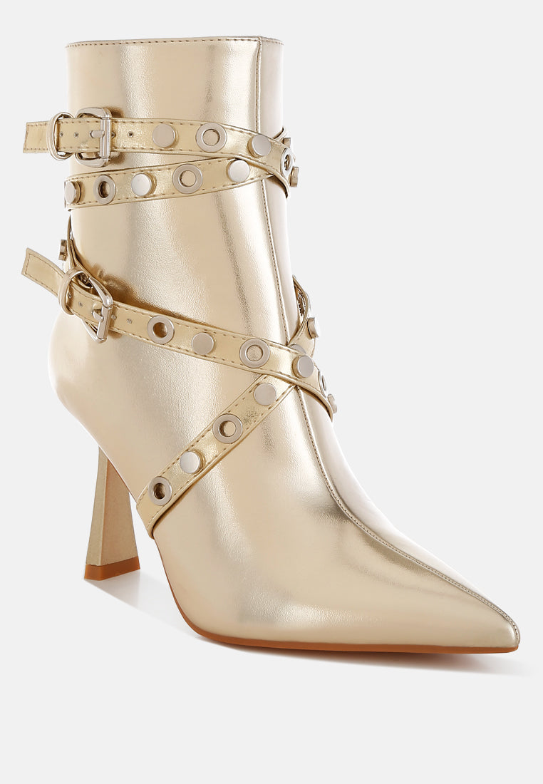 Marinta Metallic Slim Flared Heel Strappy Boots-1