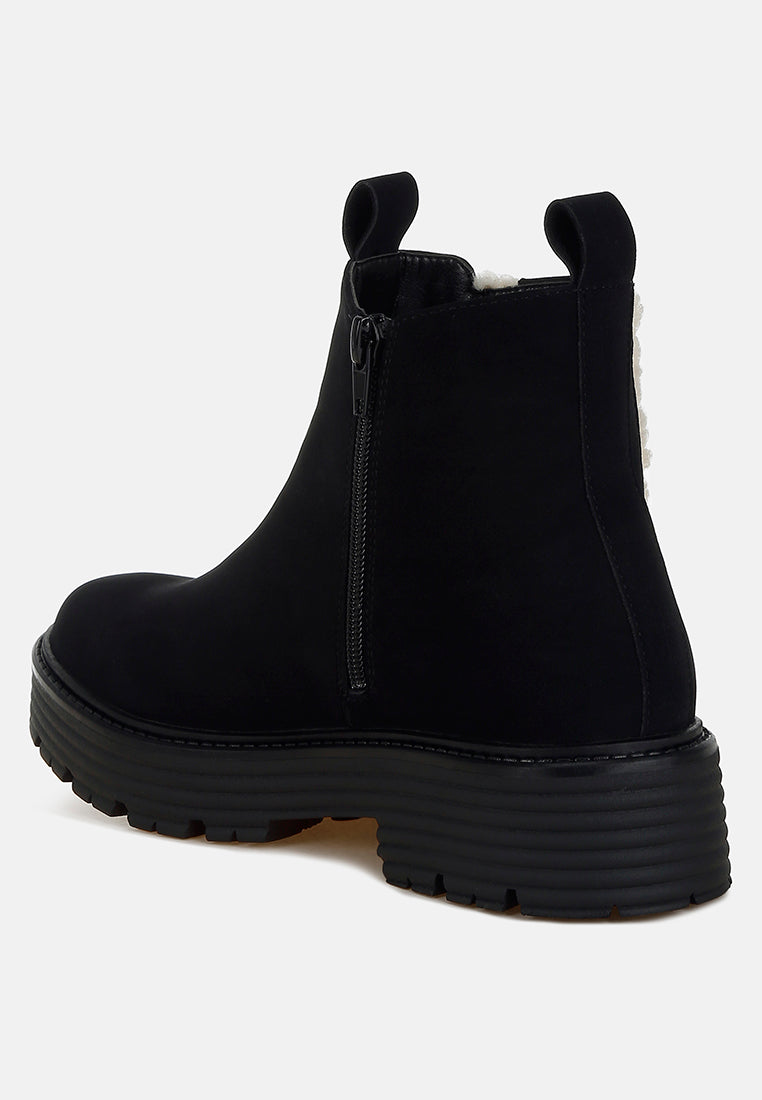 Mothman Faux Fur Detail Chunky Ankle Boots-2