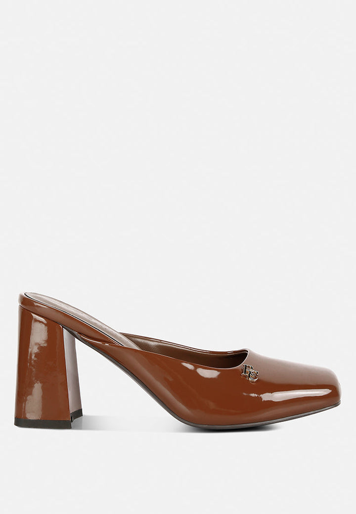 Neoplast Patent Pu Block Heeled Mules-6