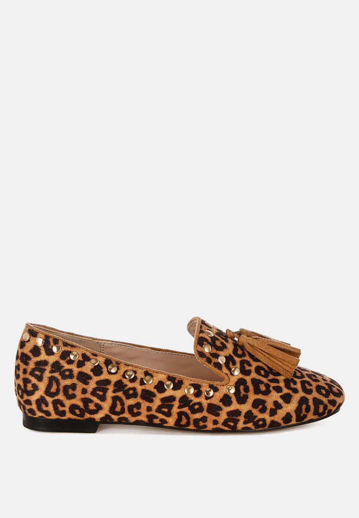 Niloha Studs &amp; Tassels Detail Leopard Loafers-0