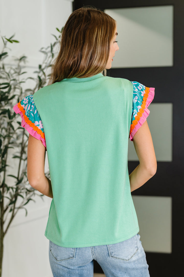Petals &amp; Poise Floral Flutter Sleeve Top in Green