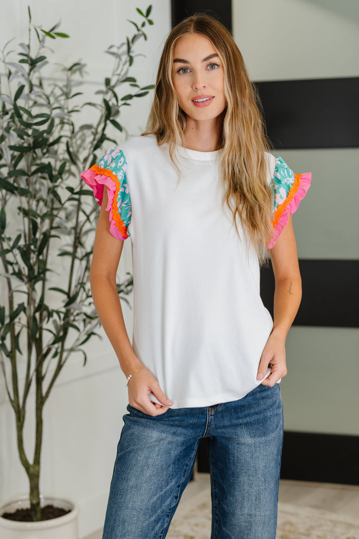Petals &amp; Poise Floral Flutter Sleeve Top in White