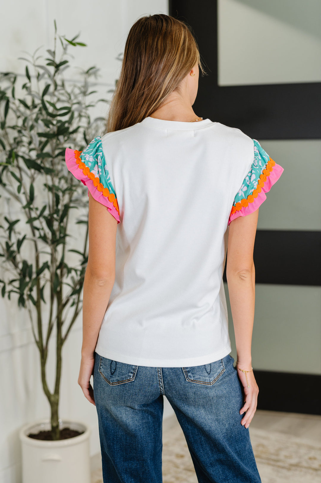 Petals &amp; Poise Floral Flutter Sleeve Top in White