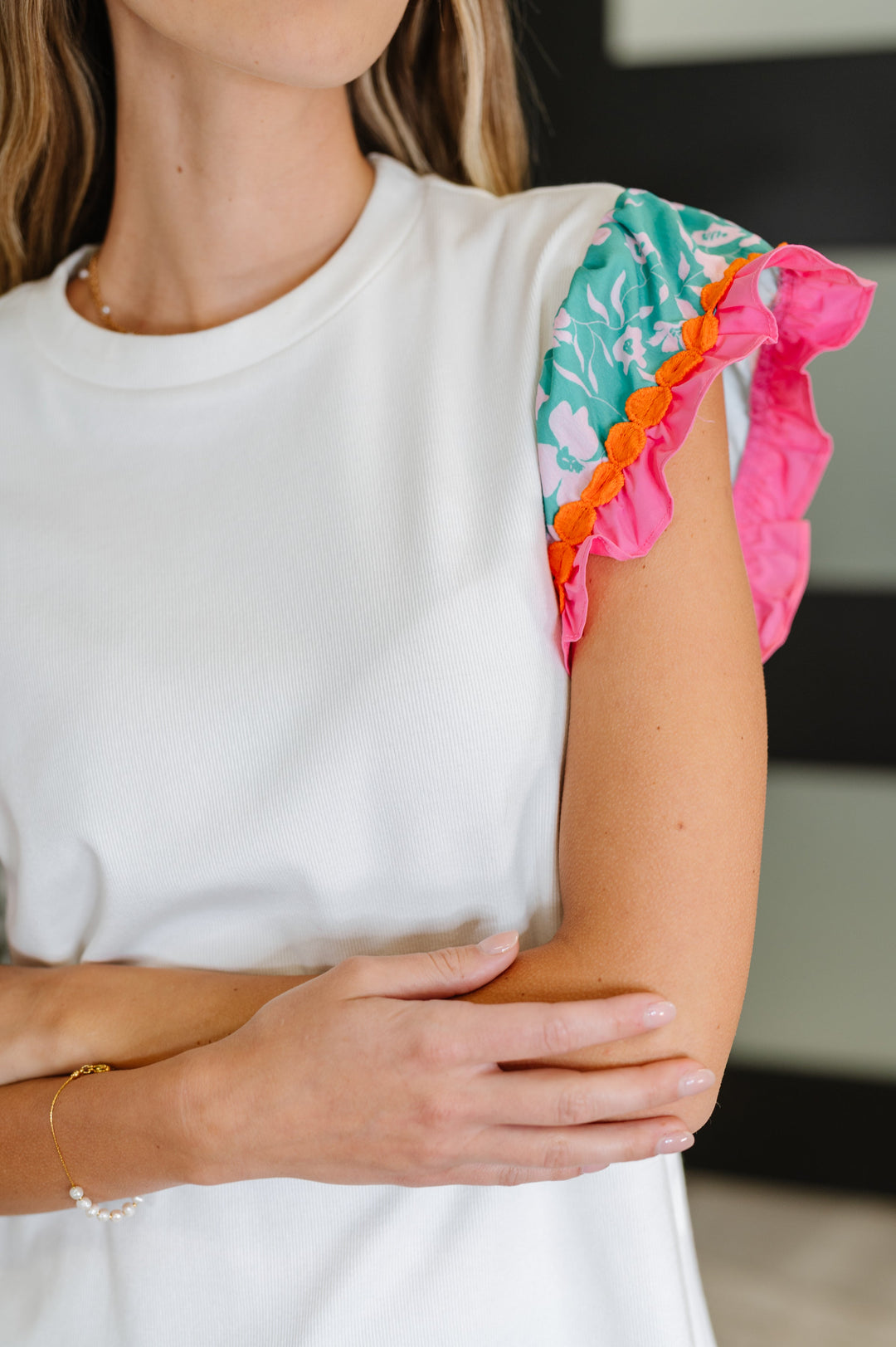 Petals &amp; Poise Floral Flutter Sleeve Top in White