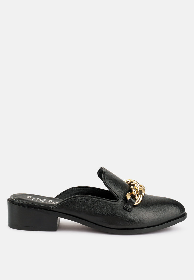 Aksa Chain Embellished Metallic Leather Mules-6
