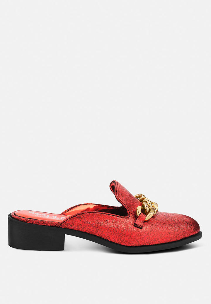 Aksa Chain Embellished Metallic Leather Mules-0