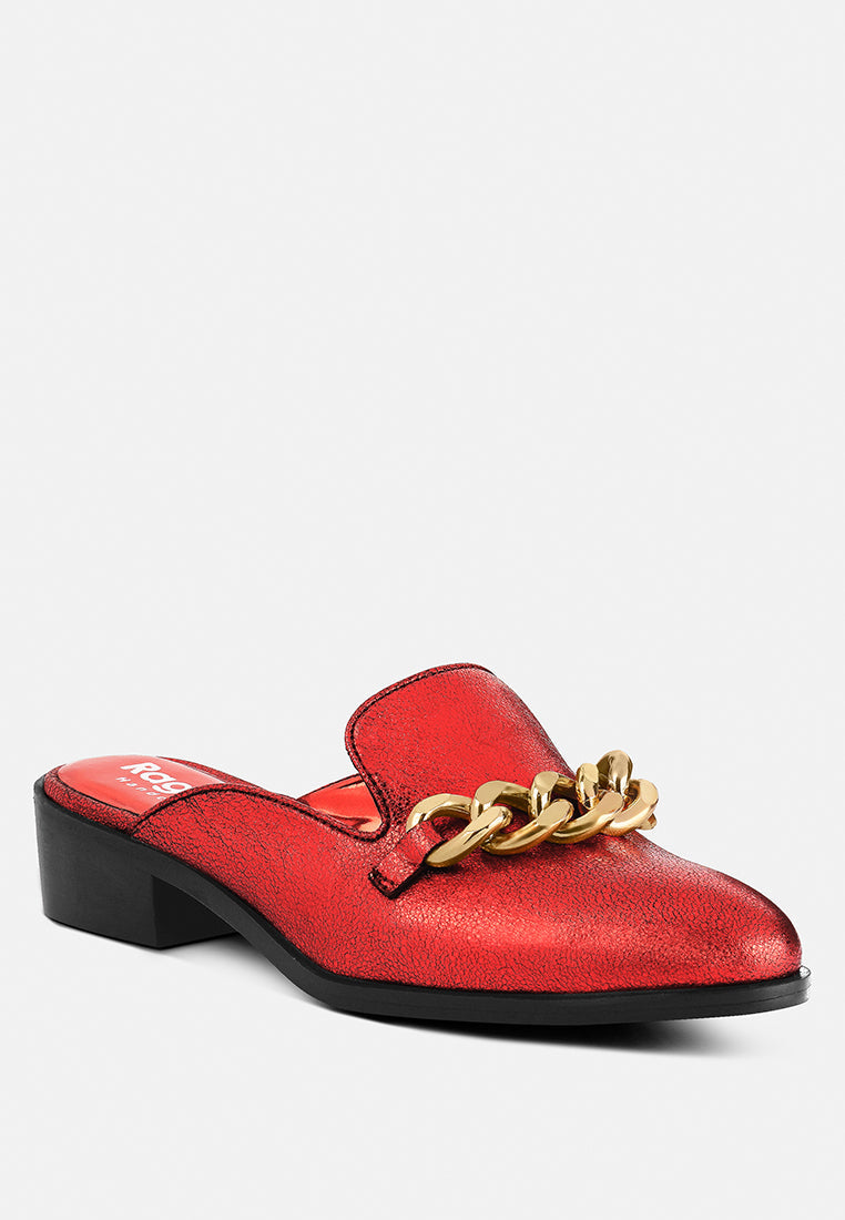 Aksa Chain Embellished Metallic Leather Mules-1