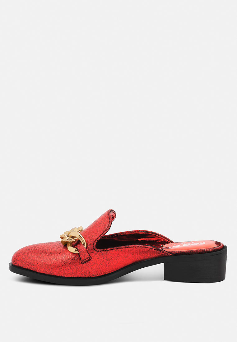 Aksa Chain Embellished Metallic Leather Mules-2
