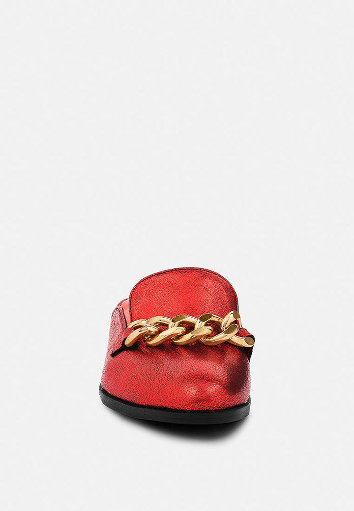 Aksa Chain Embellished Metallic Leather Mules-3
