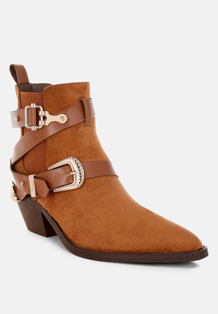 Raveta Microfiber Buckle Strap Western Boots-1
