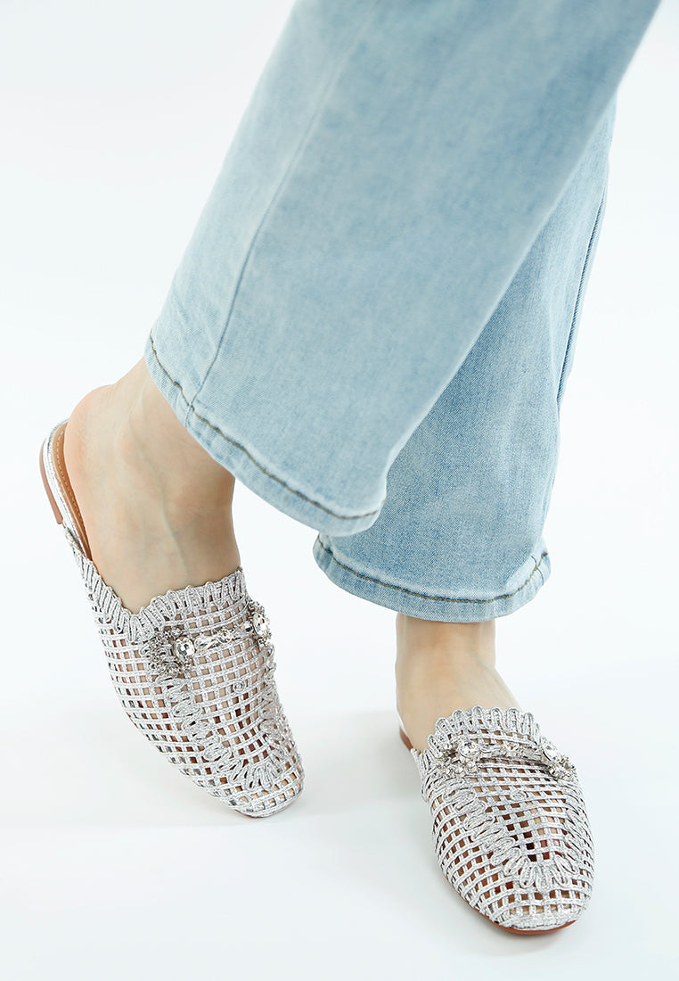 Roboma Metallic Woven Diamante Mules-1