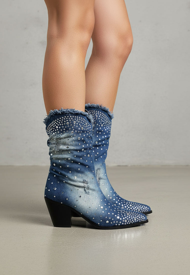 Savant Diamante & Rhinestones Denim Boots-1
