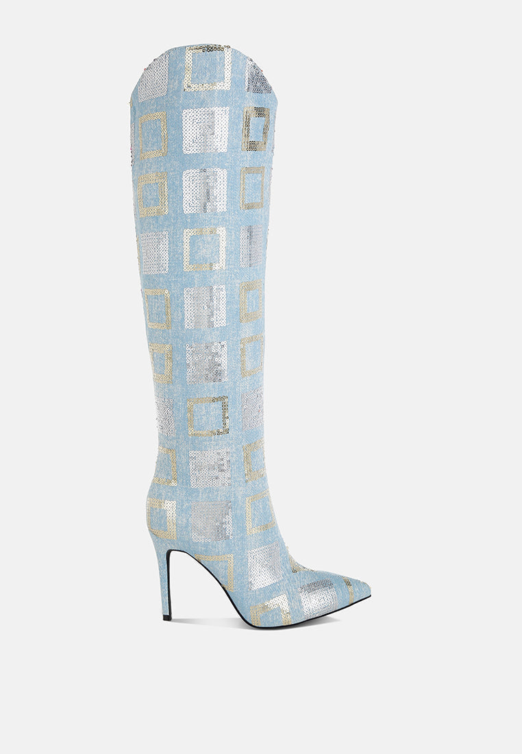 Sharmin Checkered Sequin Knee High Boots-0