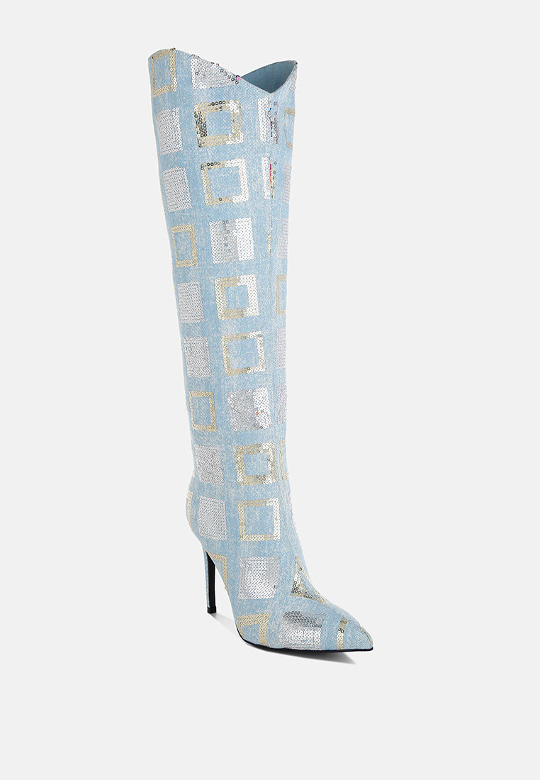 Sharmin Checkered Sequin Knee High Boots-1
