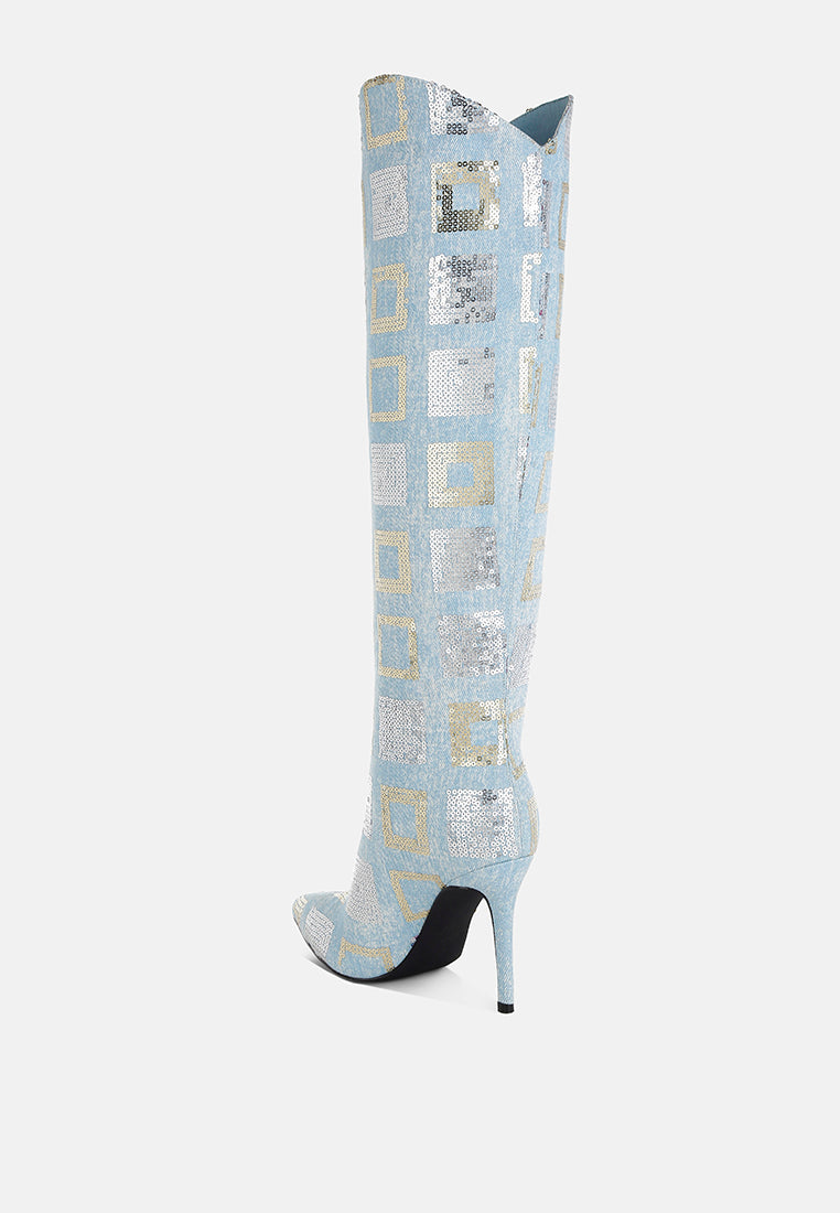 Sharmin Checkered Sequin Knee High Boots-2