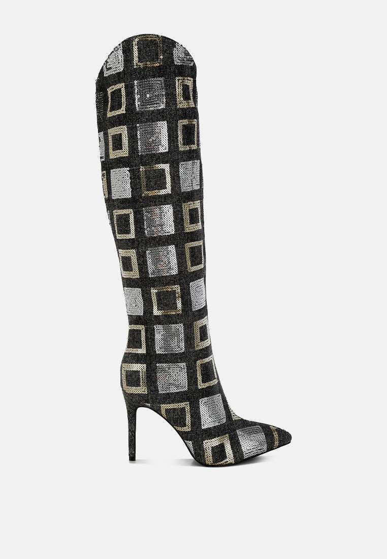 Sharmin Checkered Sequin Knee High Boots-5