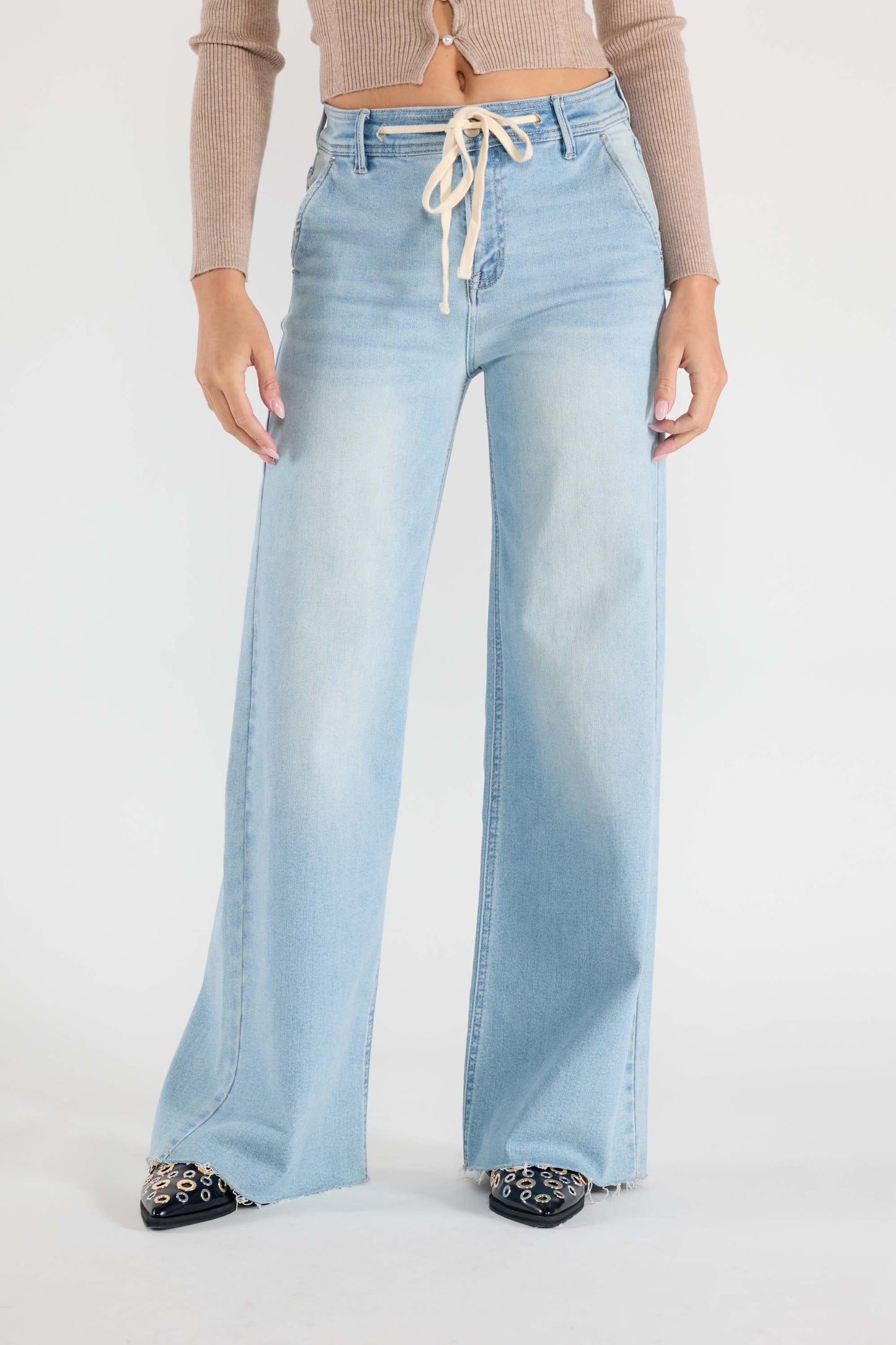 Super High Rise Relaxed Wide Leg Jeans with Waist String-5