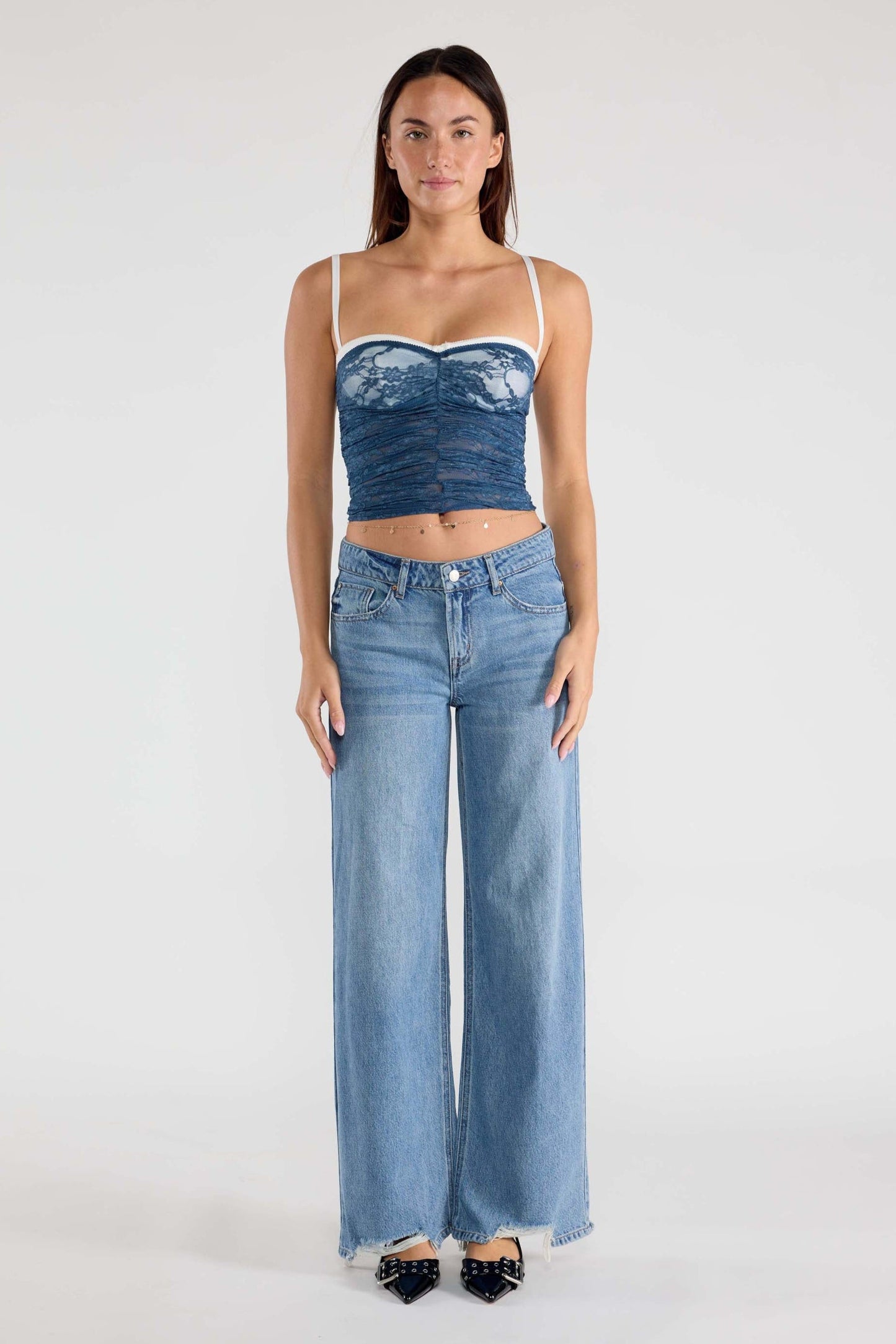 Low Waist Baggy Wide Leg Jeans with Chewed Hem-0