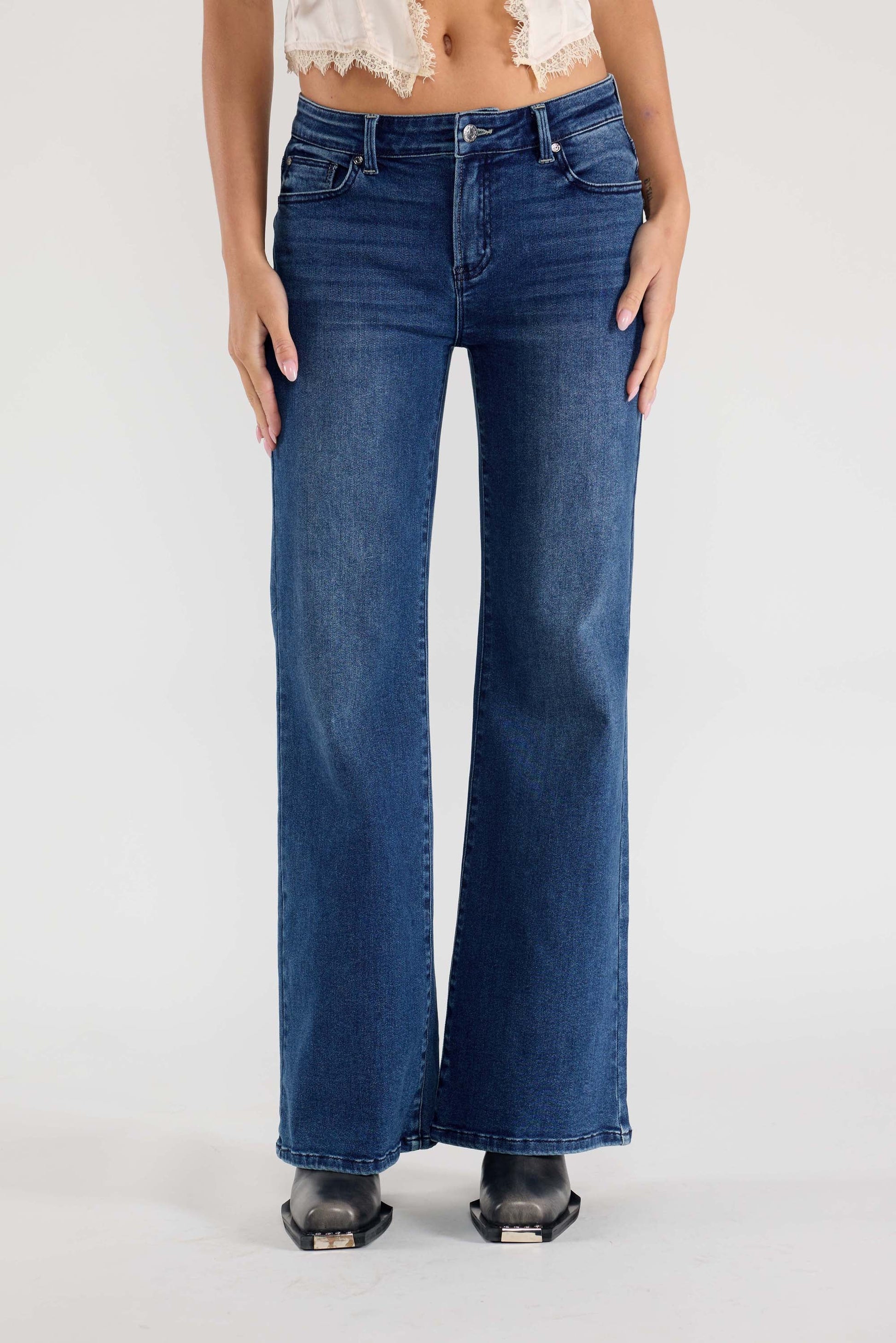 Mid Waist Flared Wide Leg Jeans with Tacking-3