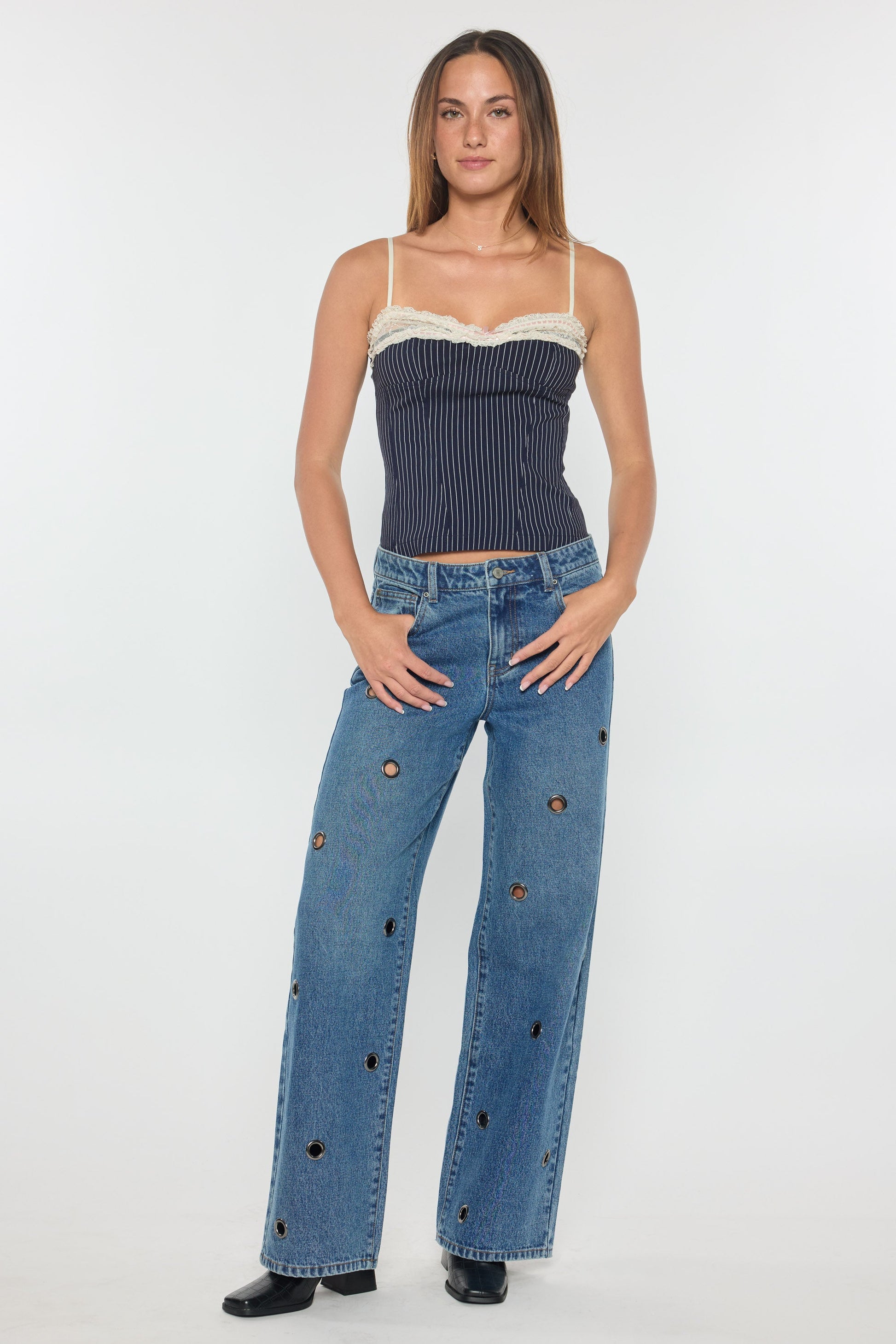 Low Waist Wide Leg Jeans with Big Eyelet Detail-3
