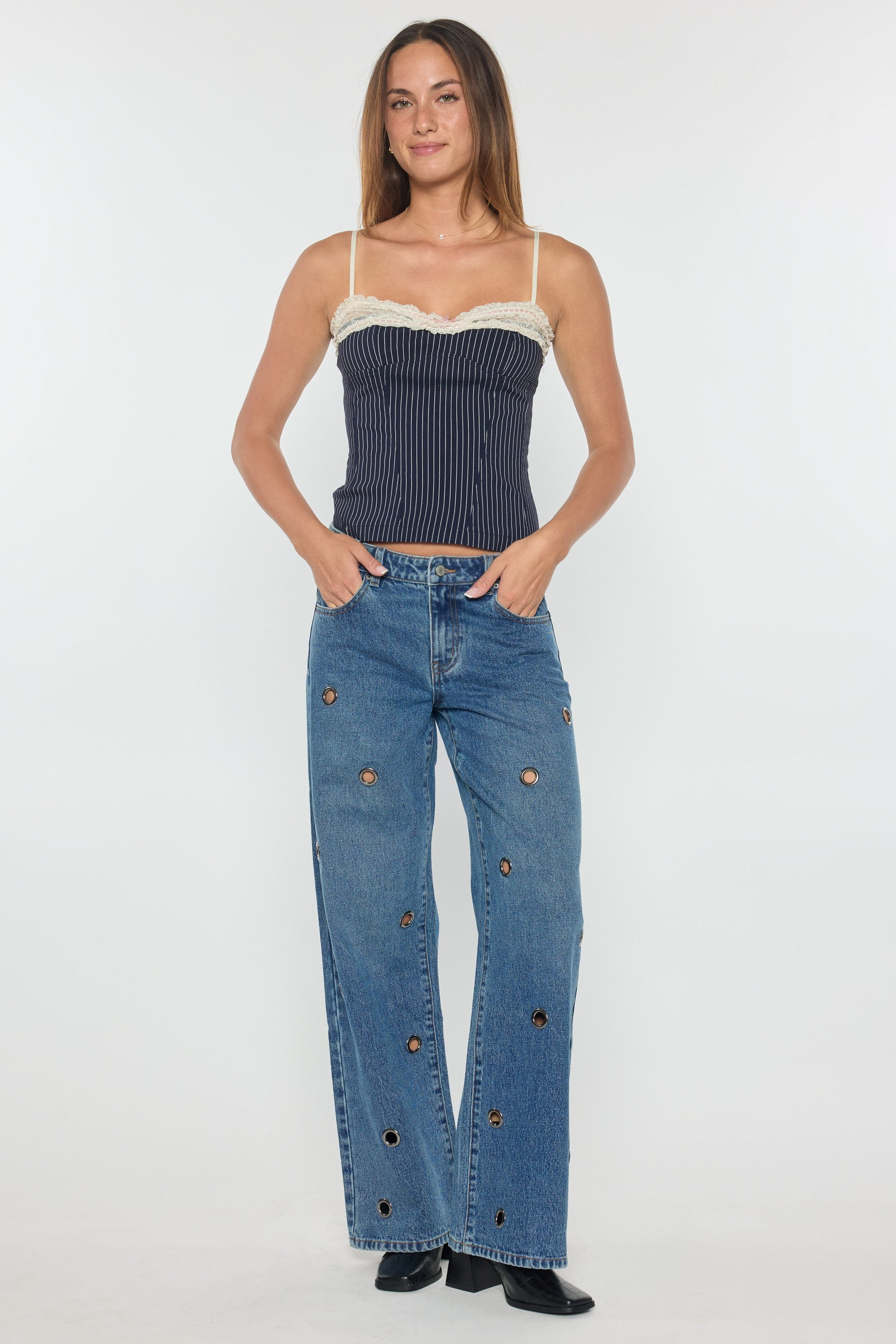 Low Waist Wide Leg Jeans with Big Eyelet Detail-0