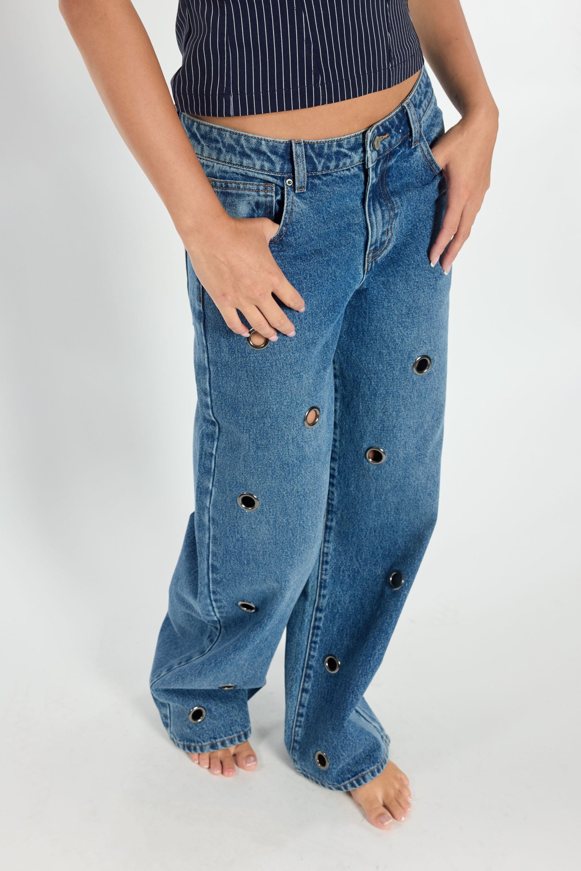 Low Waist Wide Leg Jeans with Big Eyelet Detail-1