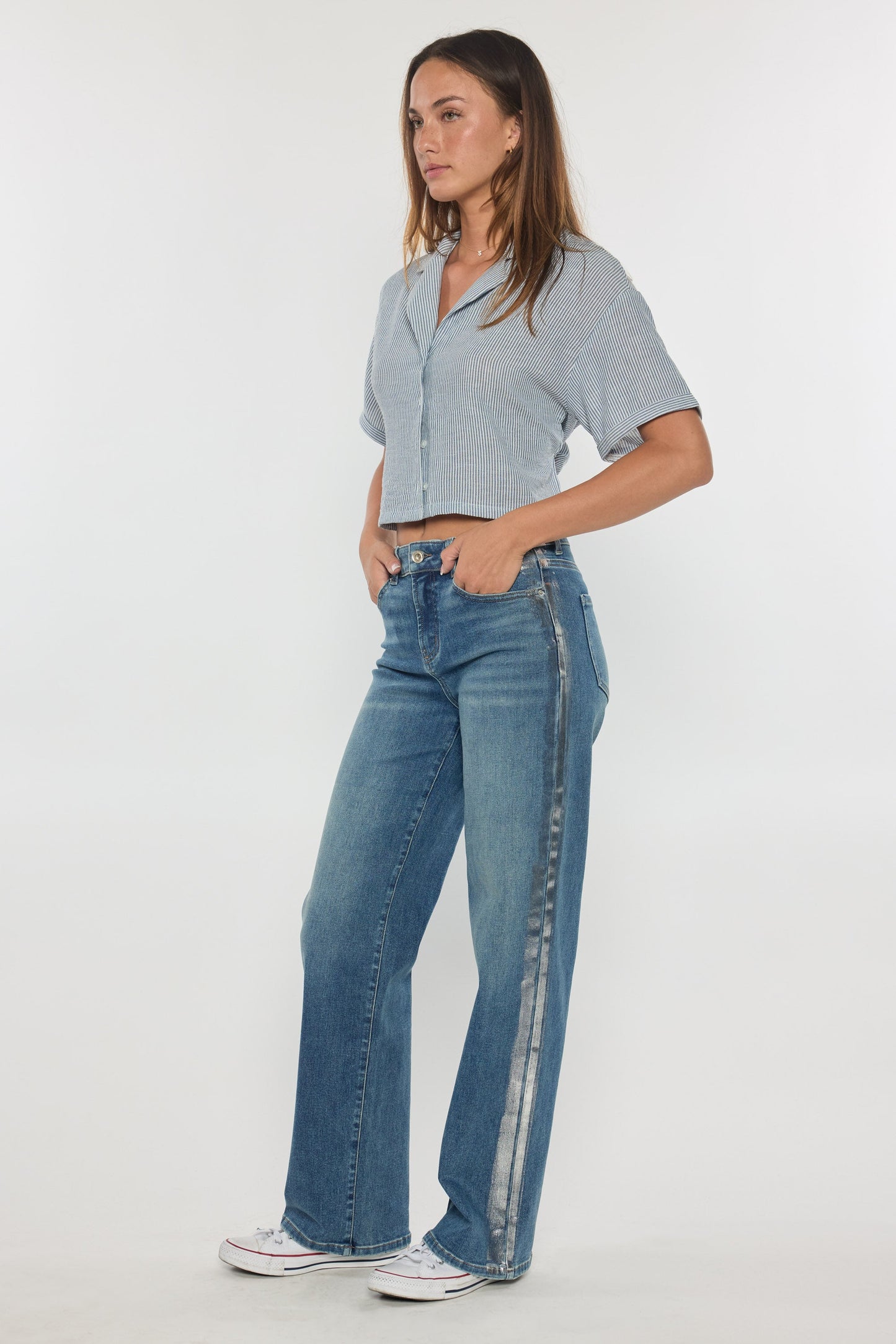 High Rise Relaxed Straight Jeans with Side Silver Foil-5