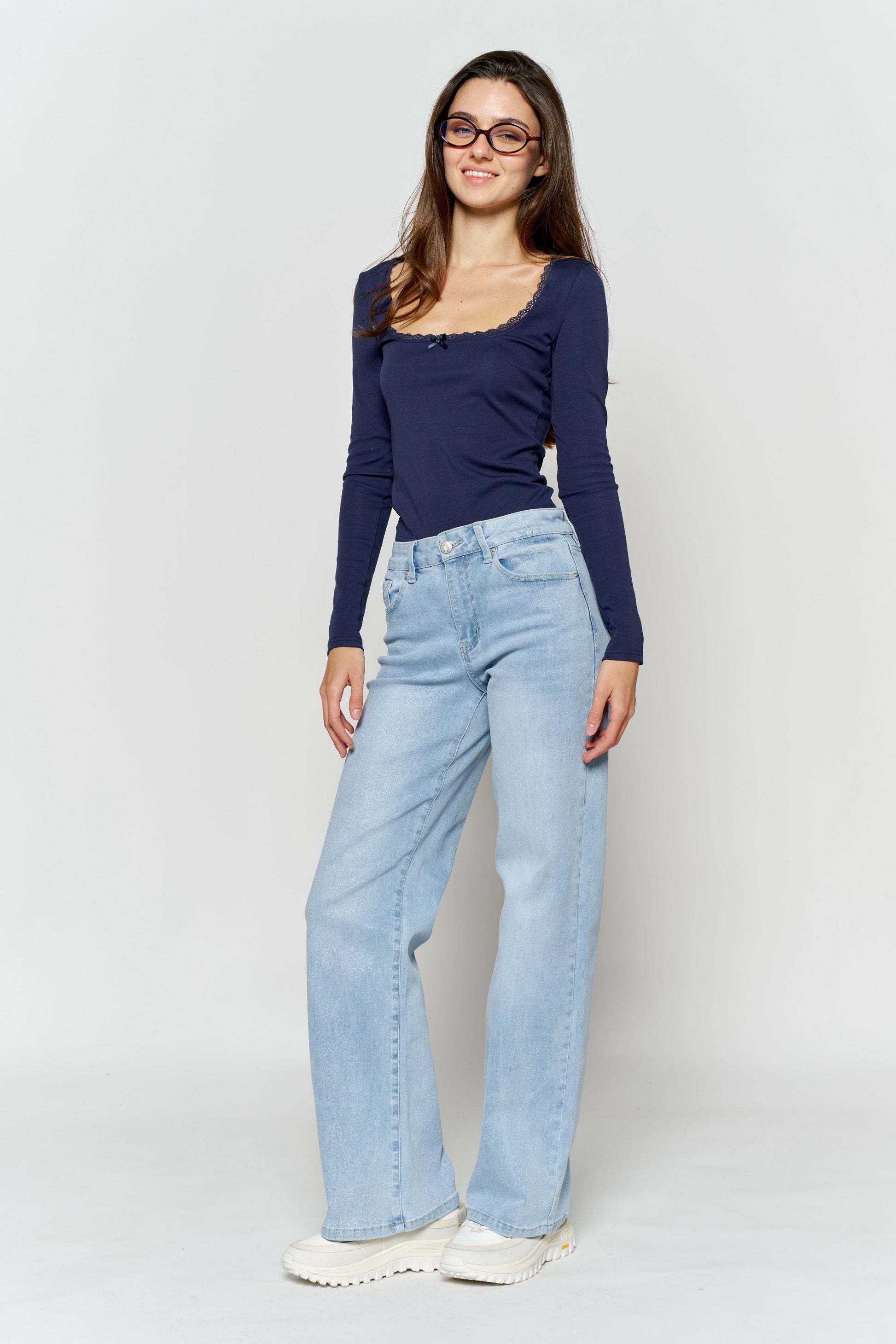 High Rise Wide Leg Jeans with Silver Glitter Effect-3