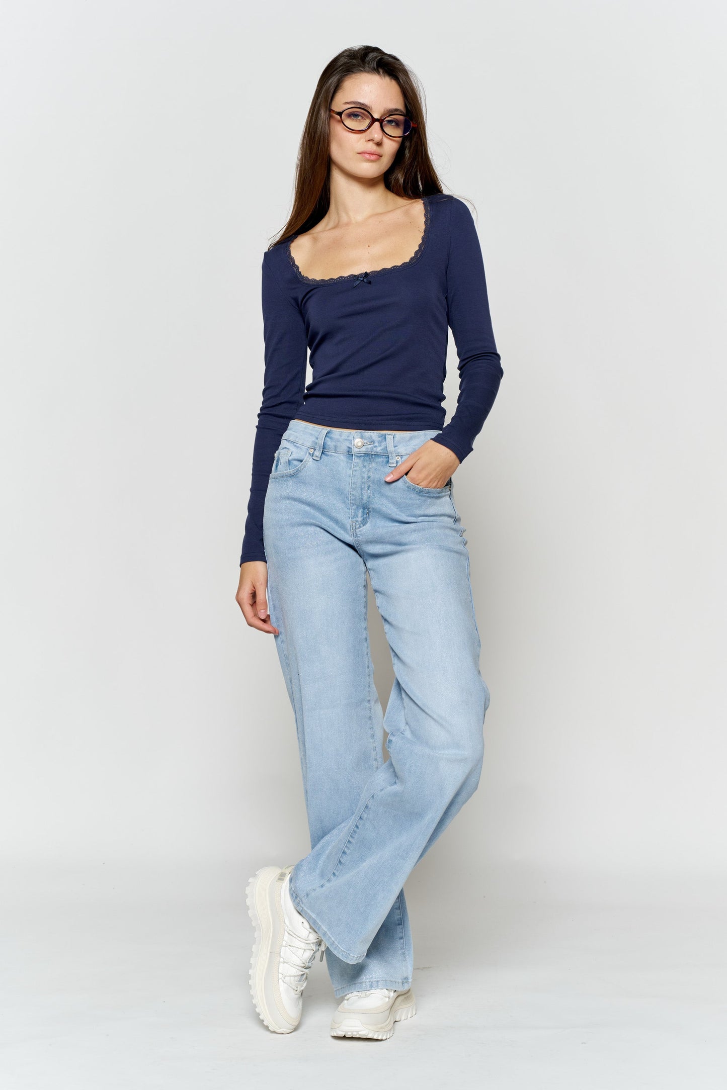 High Rise Wide Leg Jeans with Silver Glitter Effect-0