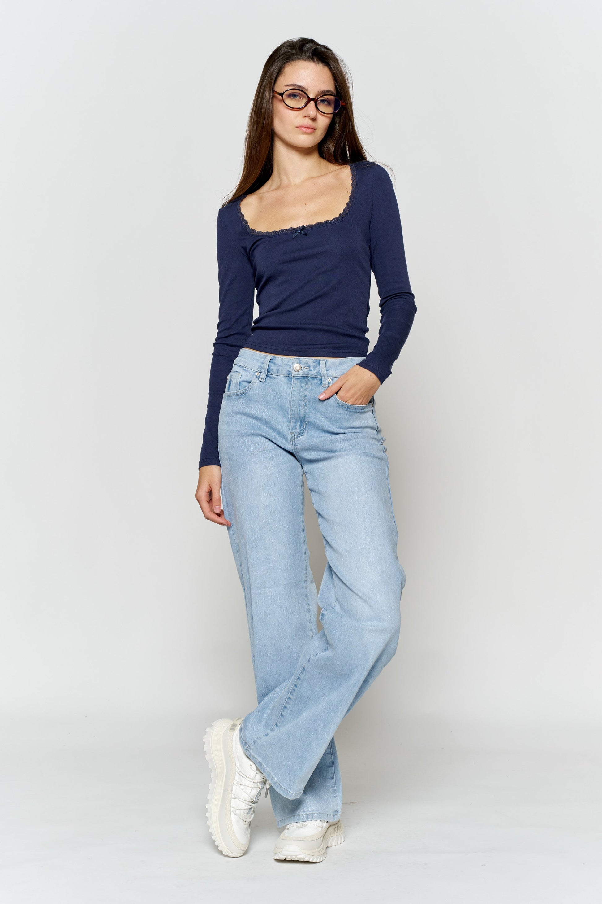 High Rise Wide Leg Jeans with Silver Glitter Effect-0