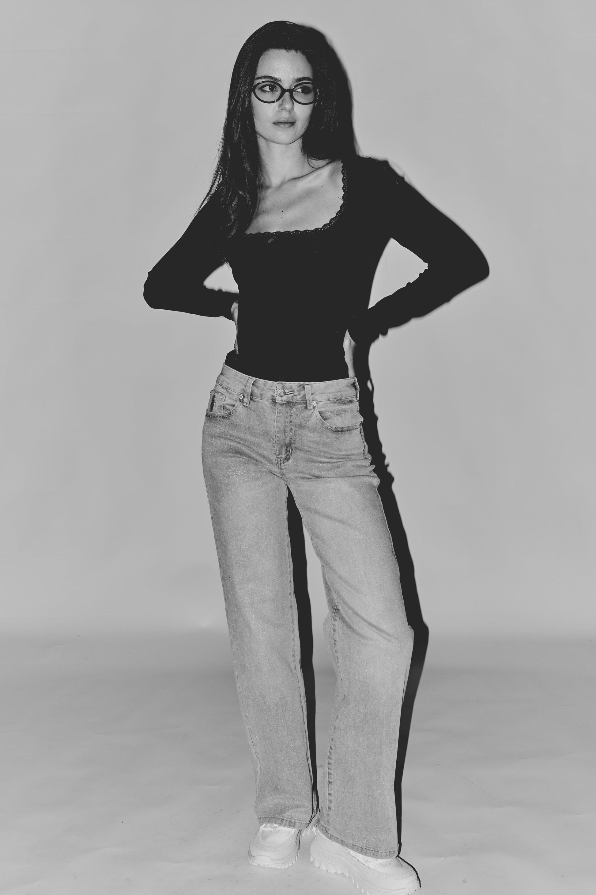 High Rise Wide Leg Jeans with Silver Glitter Effect-4
