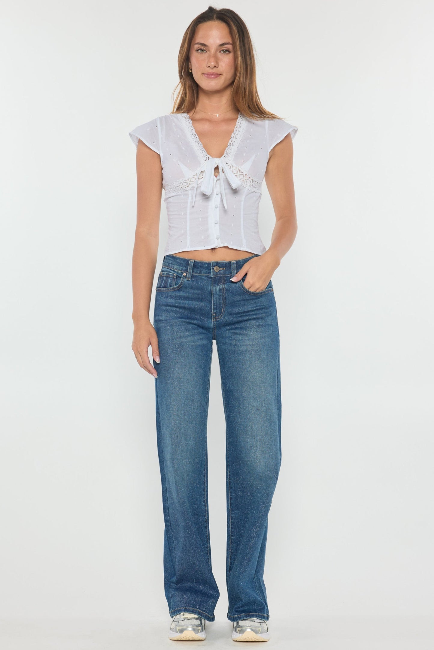 High Rise Wide Leg Jeans with Silver Glitter Effect-1