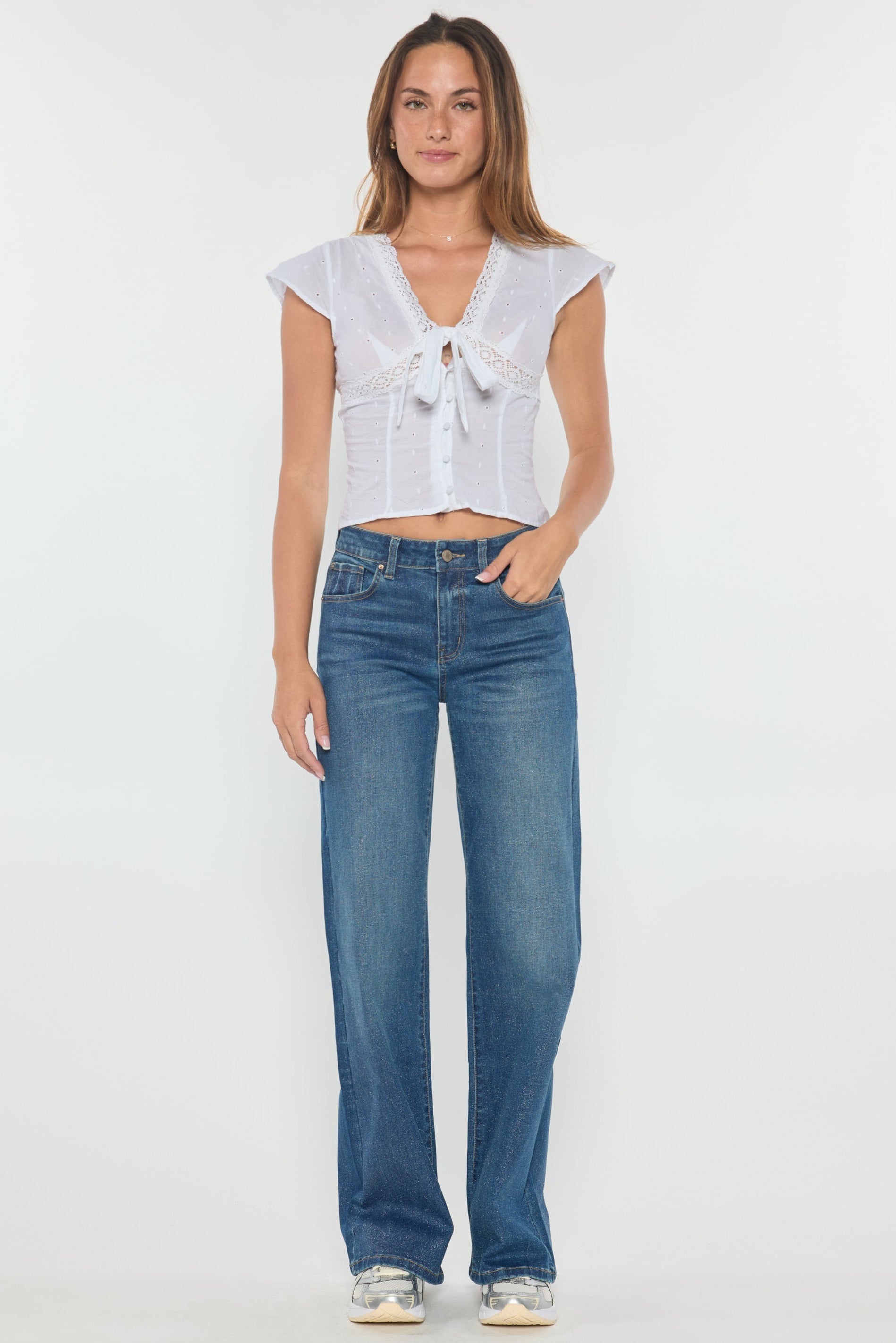 High Rise Wide Leg Jeans with Silver Glitter Effect-1