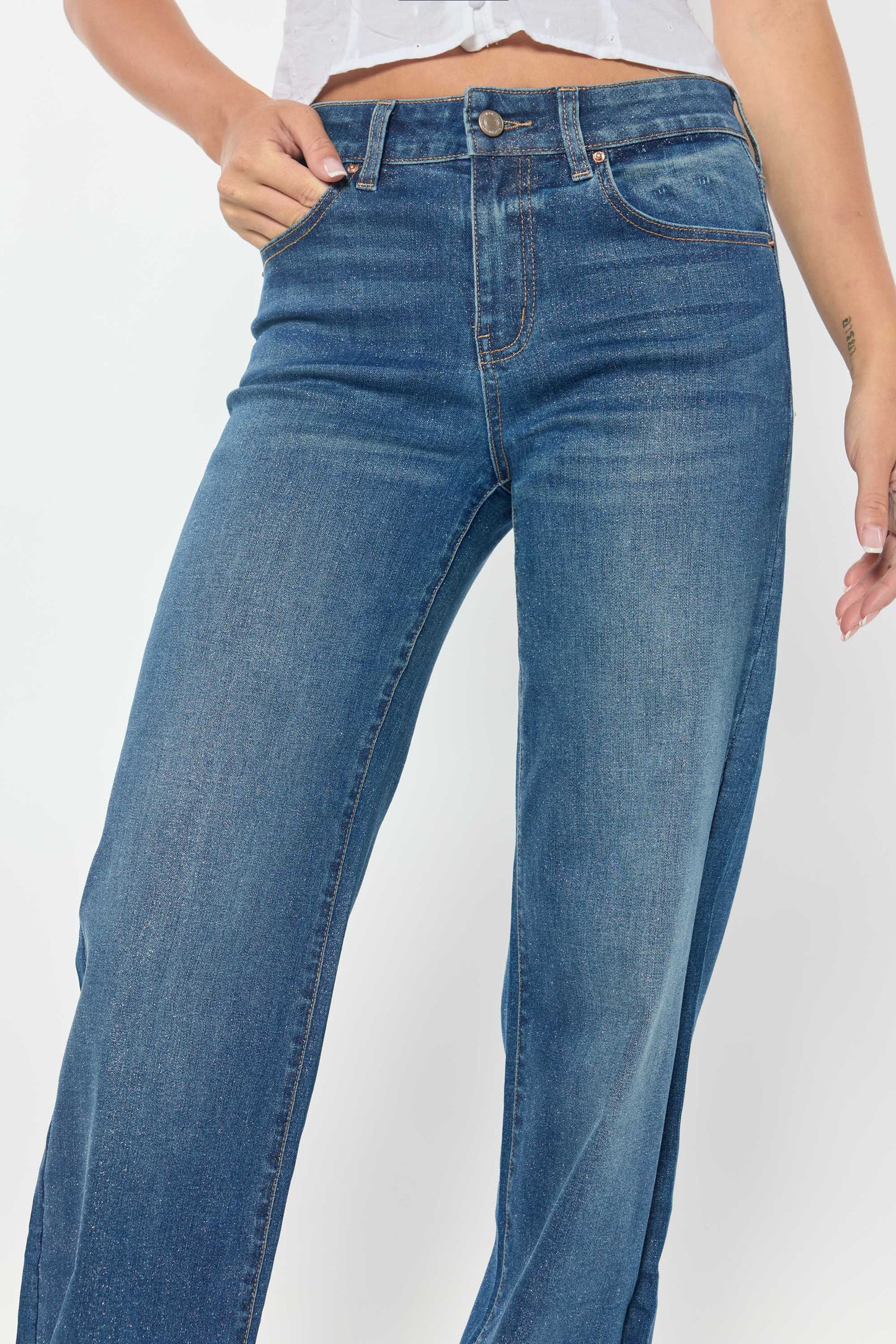 High Rise Wide Leg Jeans with Silver Glitter Effect-2