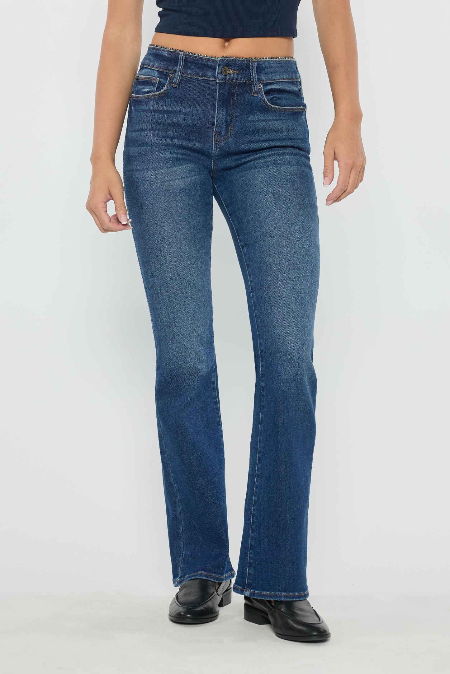High Rise Bootcut Jeans with Crystal Beaded Lace Trim-3