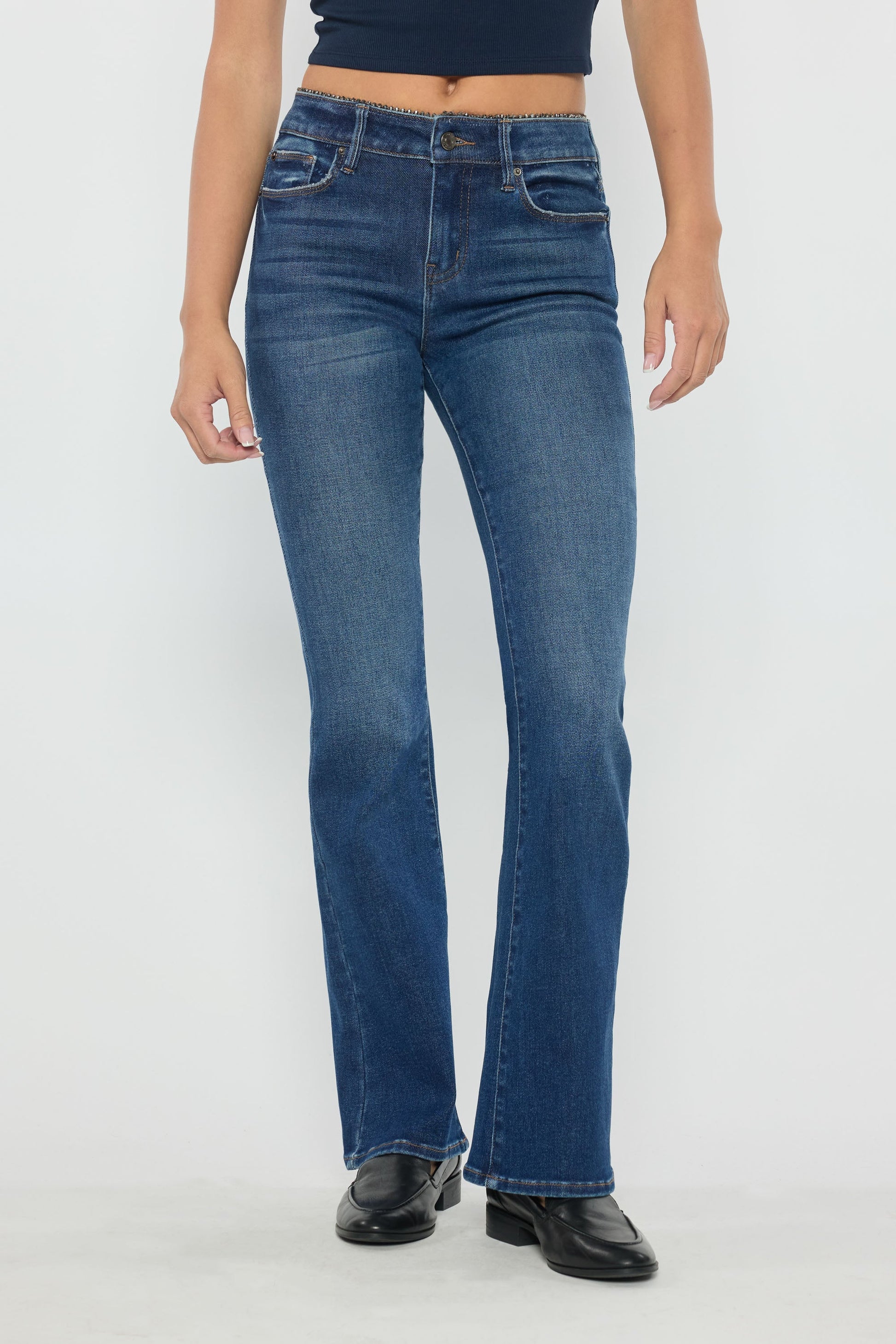 High Rise Bootcut Jeans with Crystal Beaded Lace Trim-3
