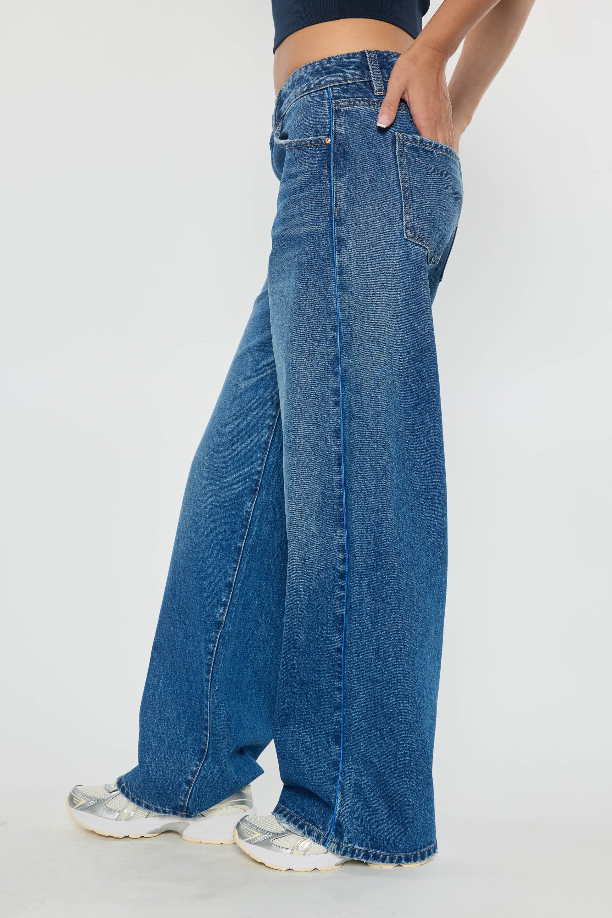 Low Waist Baggy Wide Leg Jeans with Side Piping Detail-1