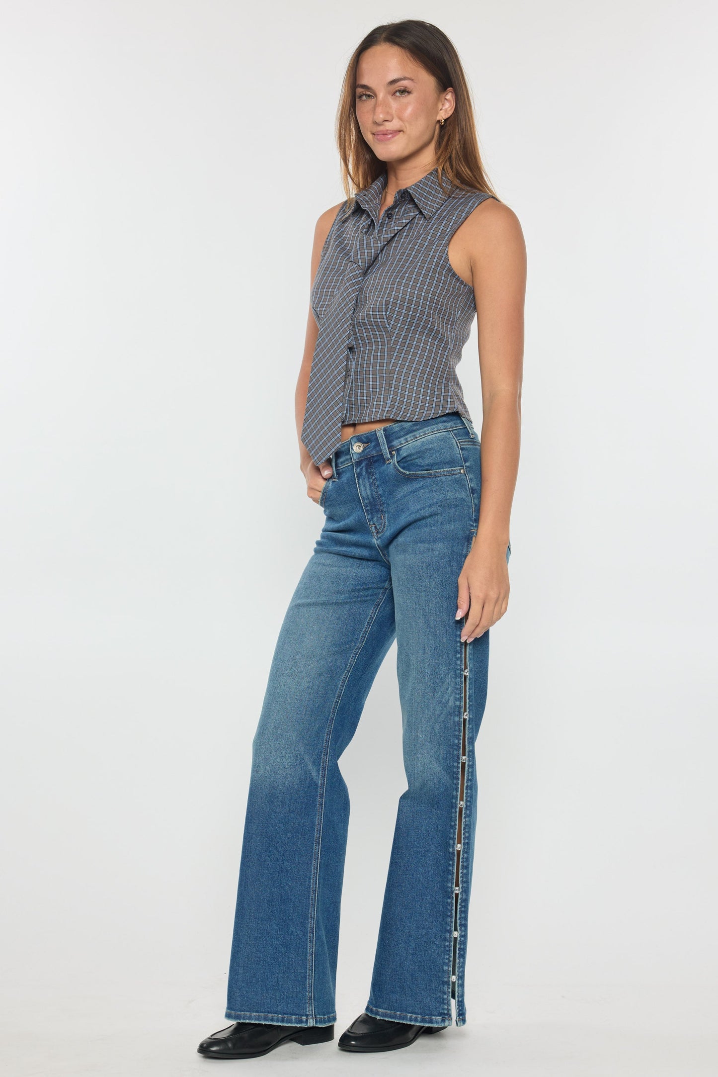 High Rise Wide Leg Jeans with Rhinestone Cutout Detail-5