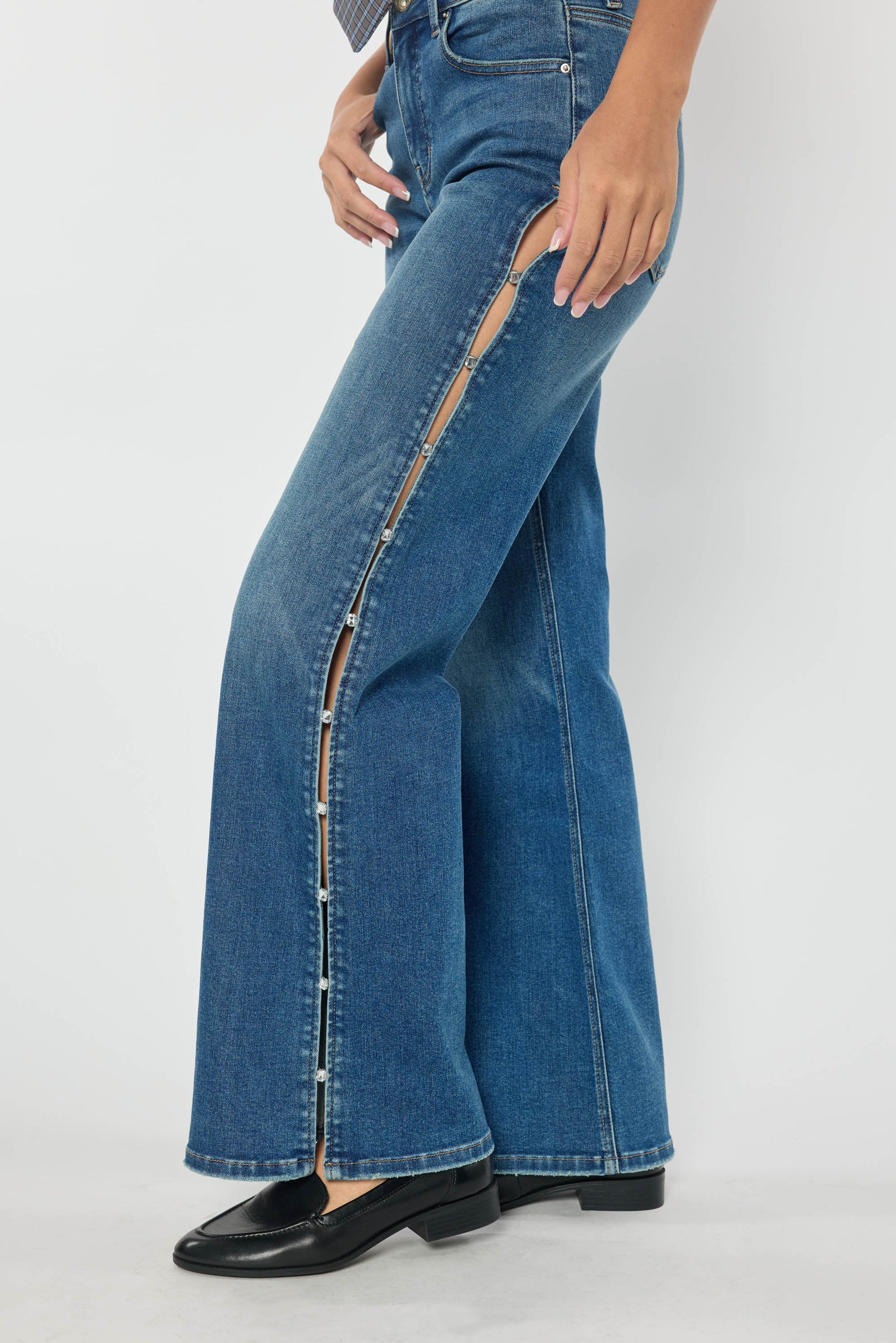 High Rise Wide Leg Jeans with Rhinestone Cutout Detail-1